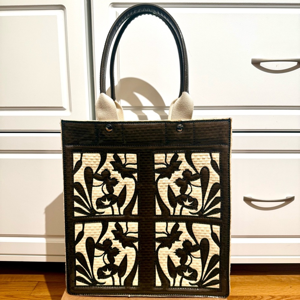 Brown and Cream Straw and Patent Leather Tote Bag